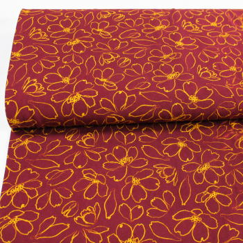 Viskose-Webware Blumenkontur Bordeaux-Senfgelb